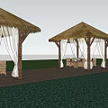 Outdoor Pergola with Thatched Roof Lighting and Seating Surrounded by Trees and Greenery