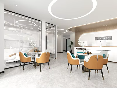 Modern Interior Design With Orange Chairs White Tables Glass Partitions Circular Lights And Plants 3d model