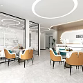 Modern Interior Design With Orange Chairs White Tables Glass Partitions Circular Lights And Plants
