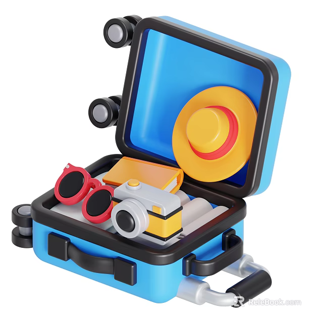 Decorative Ornament Set In Open Blue Suitcase With Yellow Hat Red Sunglasses And Camera 3d model 
