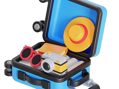 Decorative Ornament Set In Open Blue Suitcase With Yellow Hat Red Sunglasses And Camera 3d model