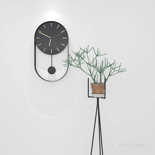 Black Wall Clock on White Wall with Potted Plant on Black Stand Interior Decor 3d model 