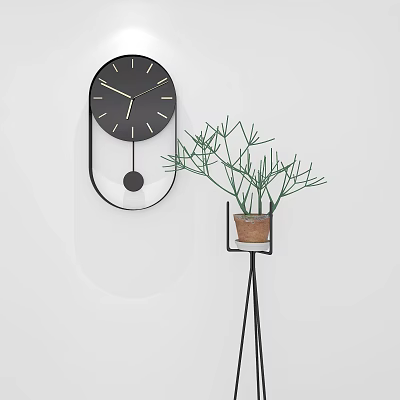Black Wall Clock on White Wall with Potted Plant on Black Stand Interior Decor 3d model