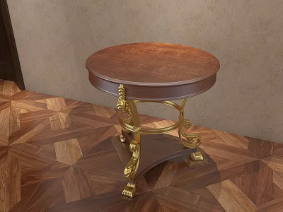 Classic Round Coffee Table With Wooden Top And Gold Carved Legs On Parquet Floor 3d model