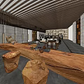 Modern Hotel Lobby With Wooden Ceiling Chandelier Front Desk And Green Plant Decor