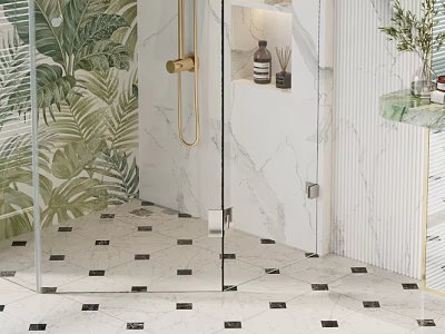 Modern Bathroom Interior With Glass Shower Tropical Leaf Wallpaper Marble Tiles And Brass Fixtures 3d model