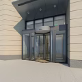 Contemporary Building Entrance Design With Revolving Glass Doors Stone Wall And Flower Planters