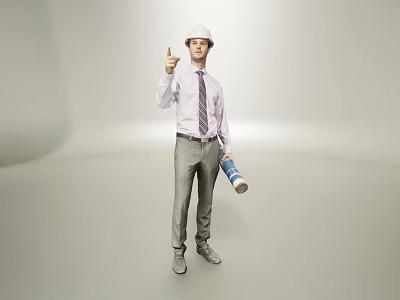 Man In White Hard Hat Pink Shirt Purple Tie Giving Thumbs Up Holding Blue Roll 3d model