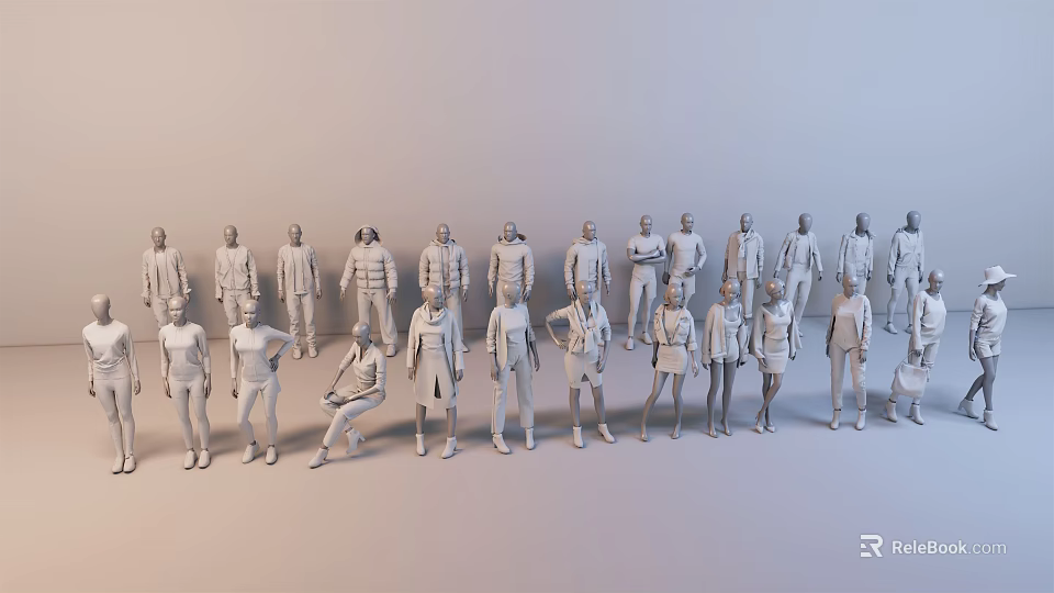 White human models in various poses standing and sitting arranged in a line 3d model 