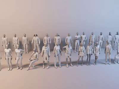 White human models in various poses standing and sitting arranged in a line 3d model
