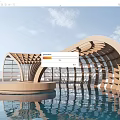 Modern Wooden Curved Roof Structure On Water With Reflection And Blue Sky