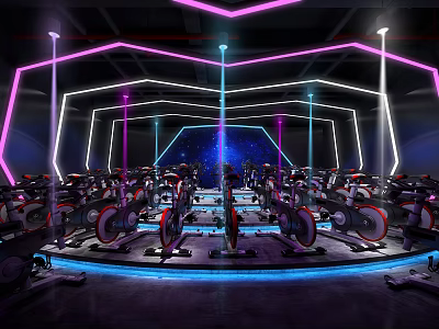 Modern Fitness Studio With Multiple Spin Bikes Neon Lights And Starry Backdrop 3d model