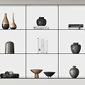 Ornamental Decorative Set with Vases Bowls and Books on White Grid Shelf