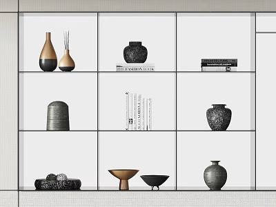 Ornamental Decorative Set with Vases Bowls and Books on White Grid Shelf 3d model