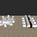 Dining Table Set Featuring Round Long Tables White Tablecloths Chairs Green Floral Red Runners