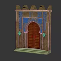 Arabian Style Entrance Gate With Arched Green Door Decorative Walls Wall Lanterns And Marble Steps