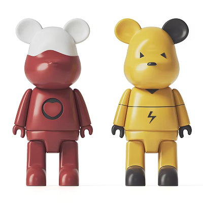 Stylish Red And Yellow Sculptures With White Head Black Ears Circle Logo And Lightning Symbol 3d model