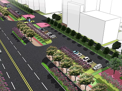 Municipal Road with Lined Trees Green Belts Parking Spaces and Sidewalks 3d model
