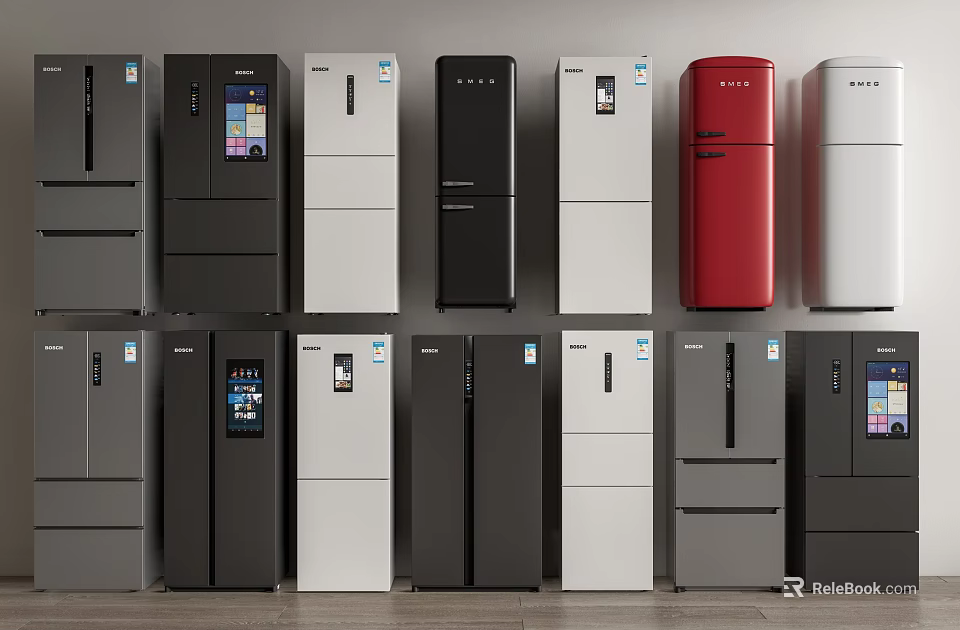 Assorted Refrigerators Freezers In Multiple Colors And Modern Designs For Home Kitchen 3d model 