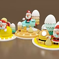 Christmas Themed Cartoon Santa Claus Figurines With Sitting Standing Poses And Yellow Blue Decorations