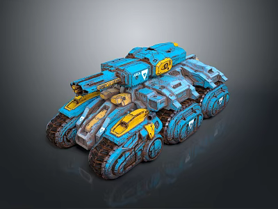 Blue and Yellow Military Tank With Mechanical Structure Tracks and Armor Design 3d model