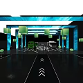 Modern Vehicle Showroom With Blue Large Screens White Cube Lights And Floor Arrows