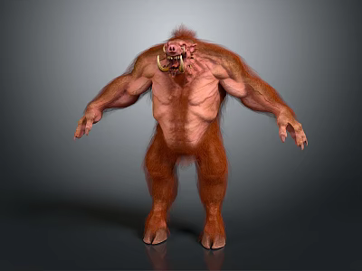 Fierce Game Movie Character Featuring Red Fur Muscular Body And Tusked Face Standing Posture 3d model