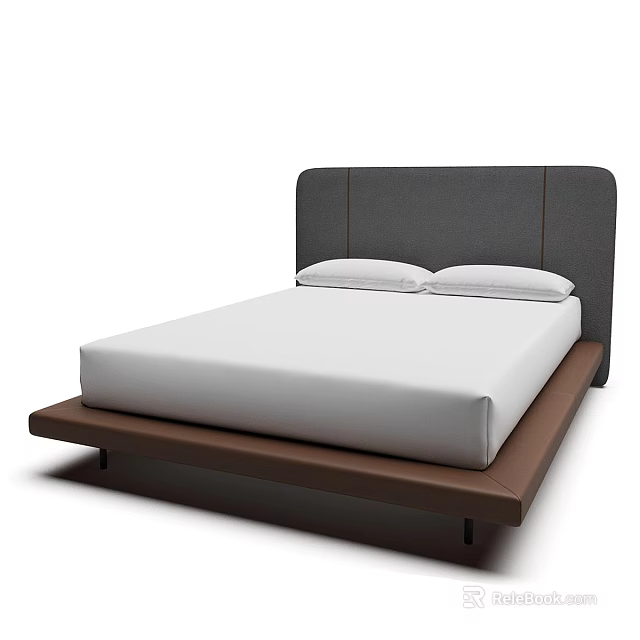 Modern Minimalist Double Bed with Gray Headboard White Mattress Brown Frame and Two Pillows 3d model 