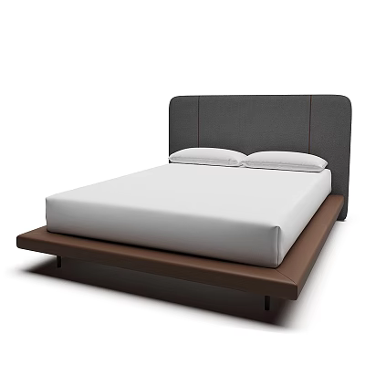 Modern Minimalist Double Bed with Gray Headboard White Mattress Brown Frame and Two Pillows 3d model