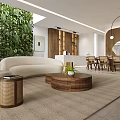 Modern Dining Living Room Interior With Light Sofa Wooden Coffee Tables And Green Plants