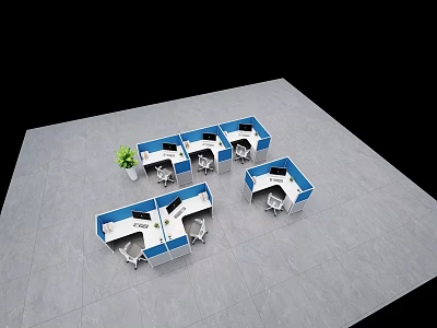 Modern Office Workstations In Open Office Area With Computer Monitors Chairs And Potted Plant 3d model