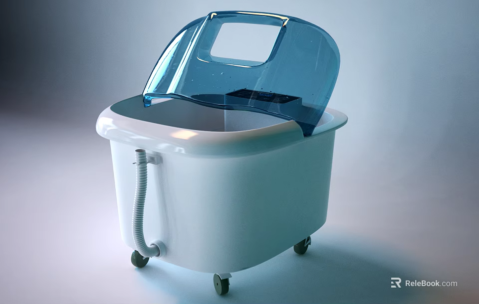 White Household Appliance With Blue Transparent Lid Wheels And Flexible Hose 3d model 