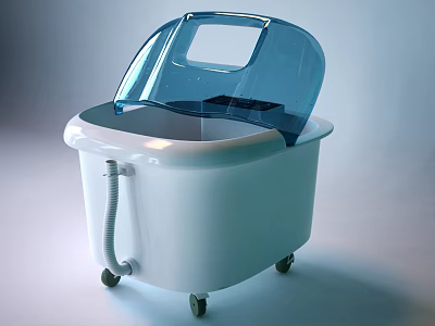 White Household Appliance With Blue Transparent Lid Wheels And Flexible Hose 3d model