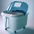 White Household Appliance With Blue Transparent Lid Wheels And Flexible Hose