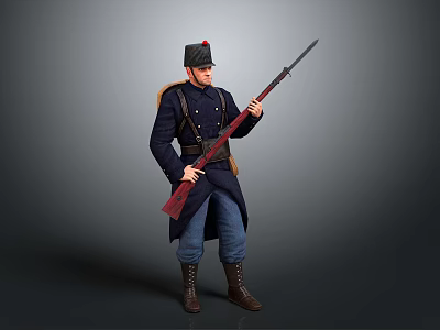 Man in Military Uniform Holding Rifle with Hat Long Coat Blue Pants and Brown Boots 3d model