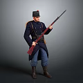 Man in Military Uniform Holding Rifle with Hat Long Coat Blue Pants and Brown Boots