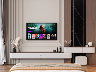 Modern TV Background Wall Design With Mounted TV Wooden Panel Console Table And Decorative Items 3d model