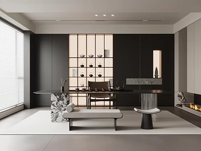 Modern Tea Room Interior With Black Cabinets Lattice Window Tea Sets And Marble Stools 3d model