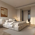 Modern Bedroom Interior Design With Large Beige Bed Decorative Artwork Window Curtains And Rug