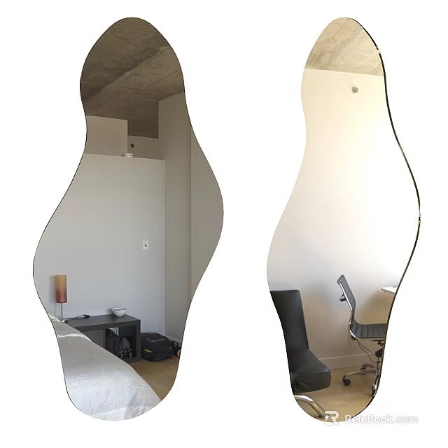 Elegant Wavy Mirror Reflecting Desk Chair Table Lamp and Speaker in Modern Interior 3d model 