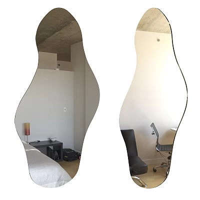 Elegant Wavy Mirror Reflecting Desk Chair Table Lamp and Speaker in Modern Interior 3d model