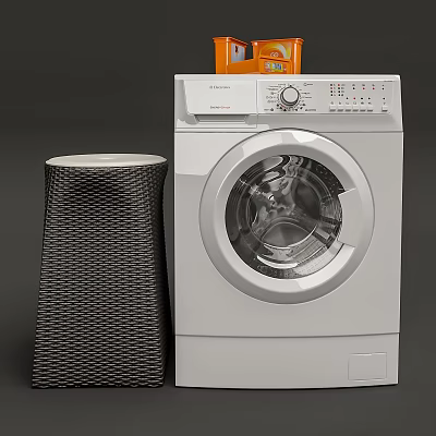 White Front Load Washing Machine With Control Panel And Black Mesh Trash Bin 3d model