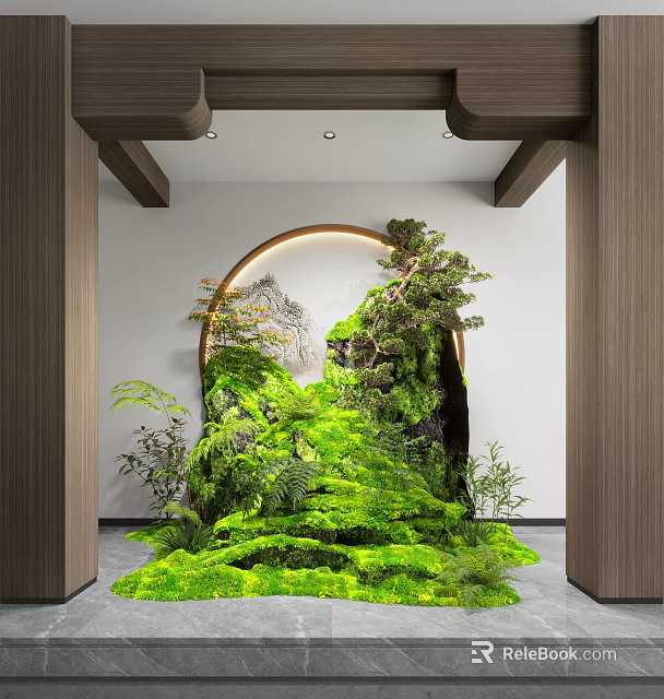 Indoor Miniature Garden Landscape With Green Moss Pine Trees Rock Circular Archway And Wooden Decor 3d model 