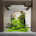 Indoor Miniature Garden Landscape With Green Moss Pine Trees Rock Circular Archway And Wooden Decor