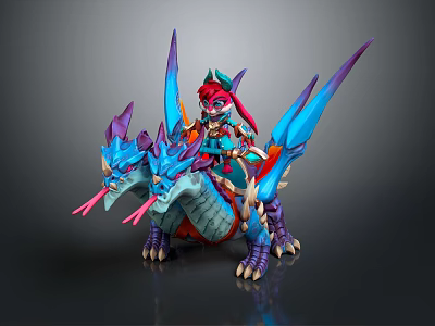 Red Haired Rider Riding Blue Purple Dragon With Spiked Wings And Horns 3d model
