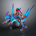 Red Haired Rider Riding Blue Purple Dragon With Spiked Wings And Horns