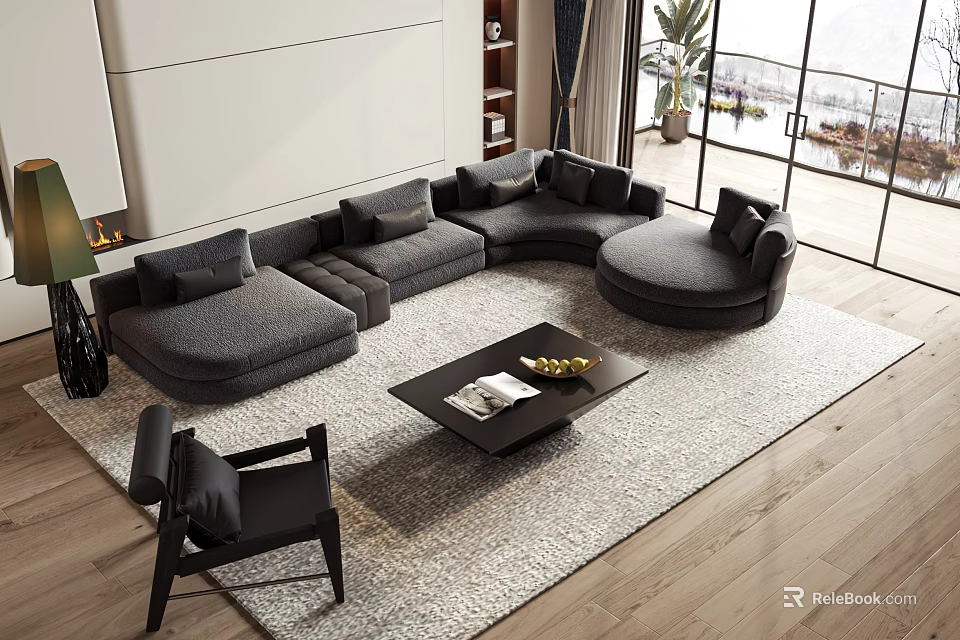 Modern Gray Sectional Sofa With Black Coffee Table Round Module Wooden Floor Rug 3d model