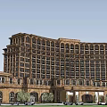 Classical Hotel Building With Curved Exterior Arched Entrance Golden Doors And Green Trees