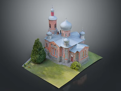 Cartoon Scene Of Church With Red Brick Walls Silver Domes Tower Green Trees And Grass 3d model