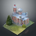 Cartoon Scene Of Church With Red Brick Walls Silver Domes Tower Green Trees And Grass